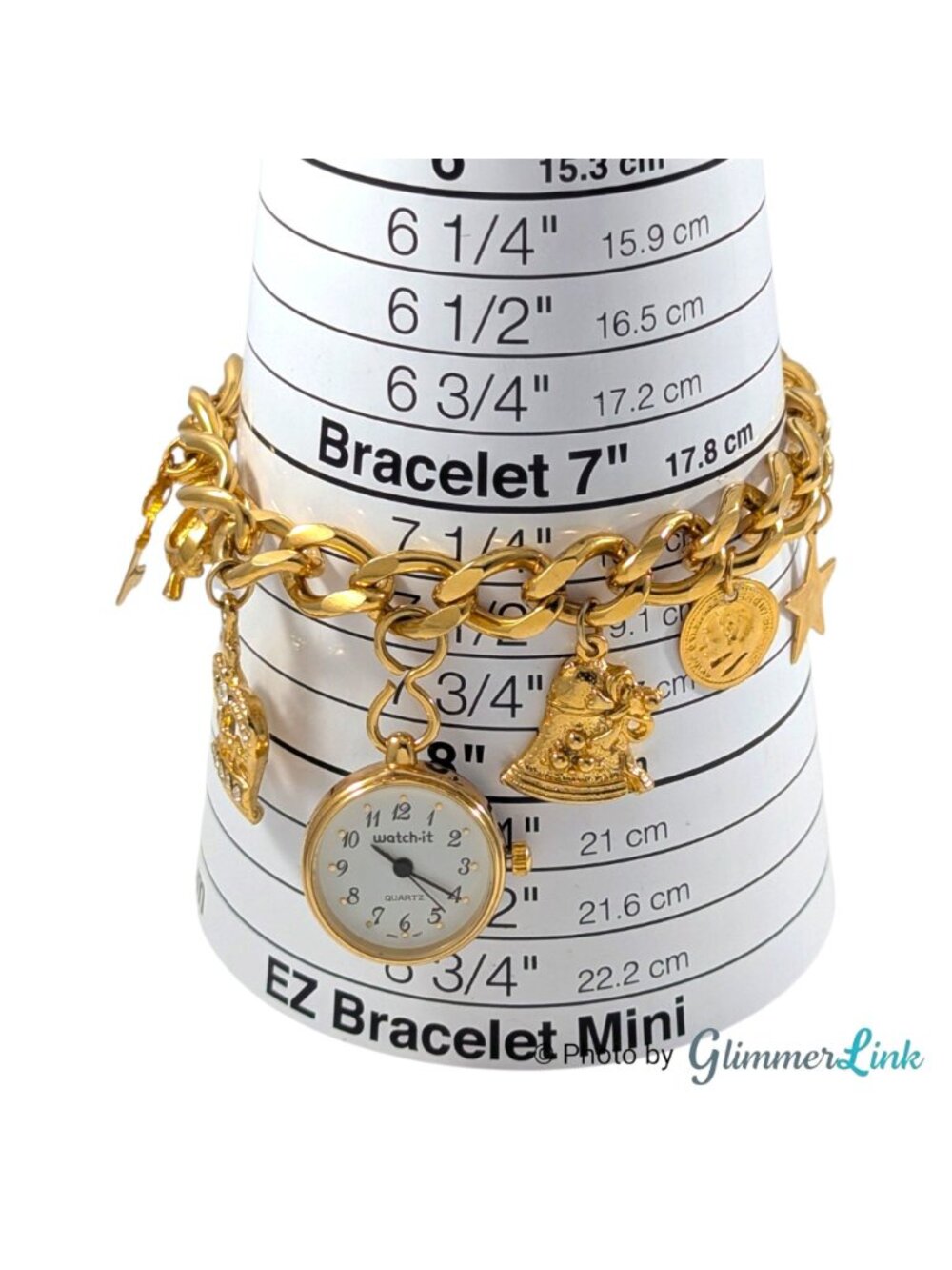 Vintage Watch-It Gold Tone Charm Bracelet Watch Rhinestone Crown Heart 7 1/2" - Picture 9 of 11